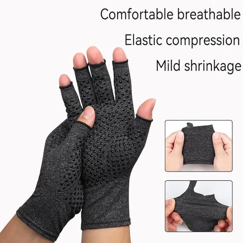 Sieafan 2 Pairs Bamboo Compression Gloves - Bamboo Arthritis Gloves for Men Women - Fingerless Compression Gloves (Black+Gray, Large)