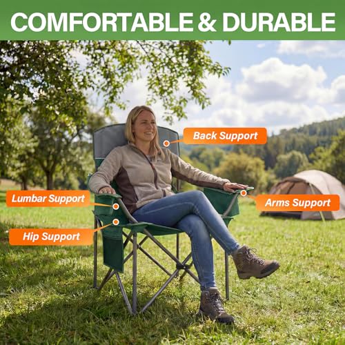 Dark Green Oversized Camping Chairs 2 Pack with Cooler, Cup Holders & Padded Seats