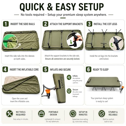 Freein Twin Camping Cot with 7 PSI Inflatable Mattress - Heavy-Duty Support