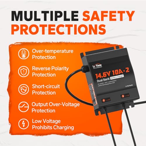 LiTime 2 Bank 12V 10A Waterproof LiFePO4 Battery Charger - 14.6V Output