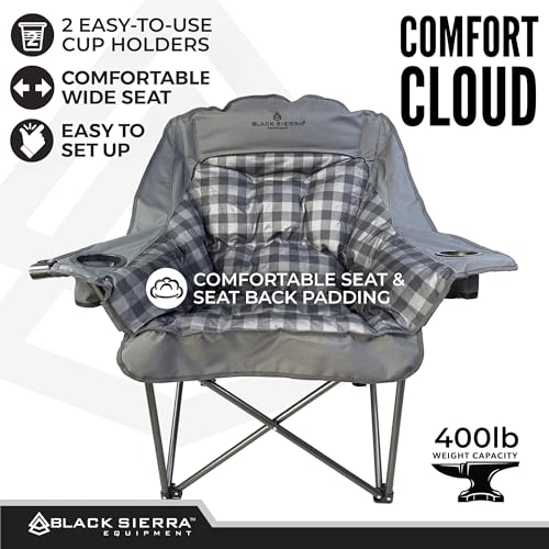 Black Sierra XL Padded Camping Chair - Heavy Duty Folding Seat with Cup Holders - Black & Grey