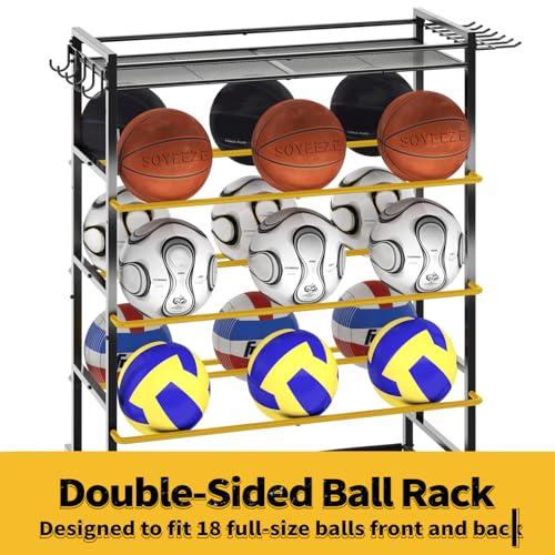 SOYEEZE 5-Tier Sports Equipment Organizer Ball Storage Rack with Hooks