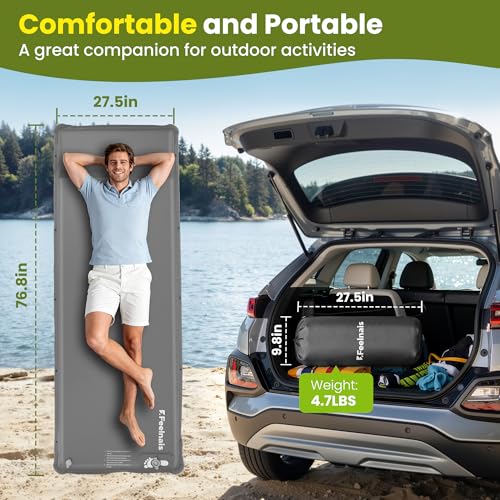 Feelnais Self-Inflating Sleeping Pad with Foot Pump - Grey, 76.8x25.6in, Lightweight Camping Mattress
