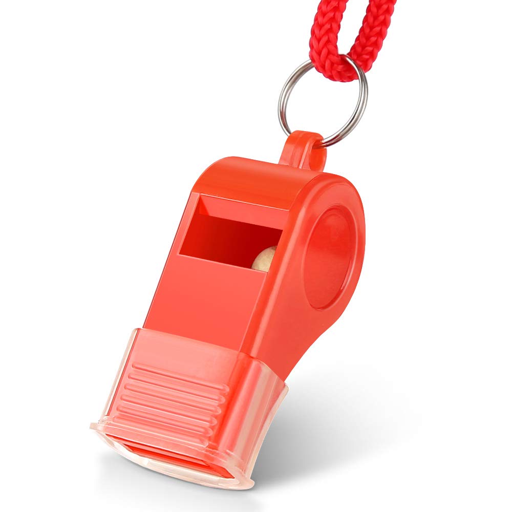 Hipat Red Emergency Whistles with Lanyard & Mouth Grip, Loud Crisp Sound, Plastic Whistle Ideal for Lifeguard, Self-Defense and Emergency