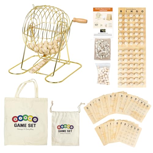 Deluxe Wooden Bingo Game Set with Metal Cage & Reusable Cards – Family & Party Game