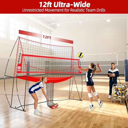 JOLORLY 12x11 ft Red Volleyball Practice Net Station - Adjustable Height, Backyard Training System