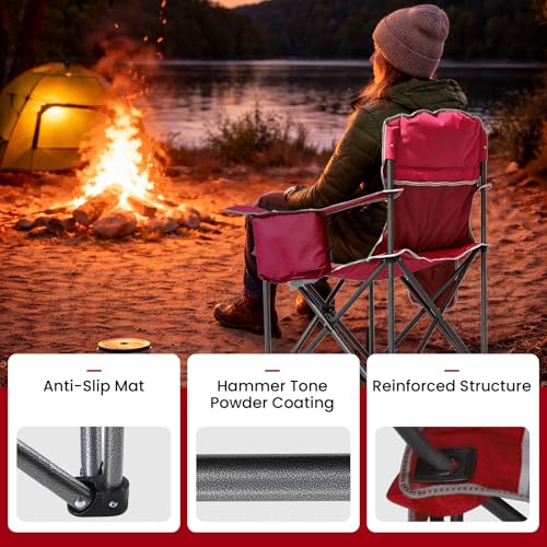 Red Oversized Camping Chair 500lbs Heavy Duty Padded Outdoor Seat with Lumbar Support