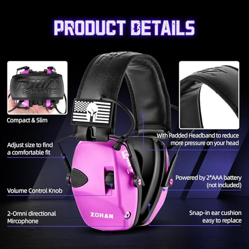 ZOHAN Electronic Shooting Ear Muffs with Patches, Ambient Sound Amplifier, NRR 23dB, Black & Purple