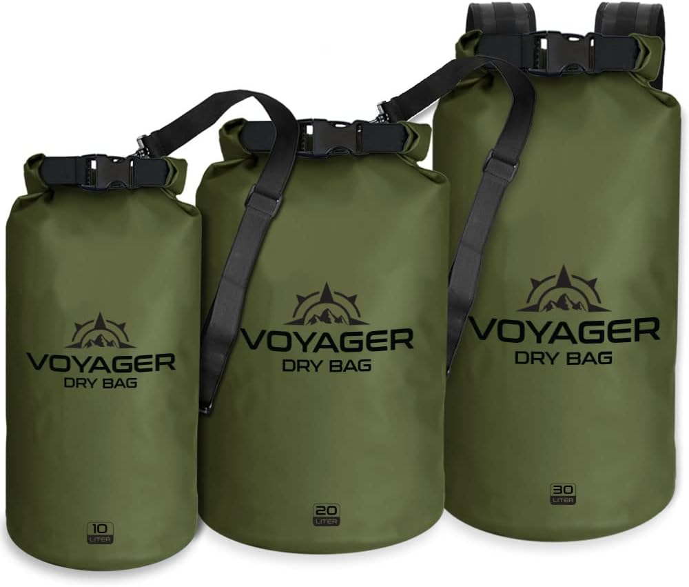 Voyager Waterproof Dry Bag - Heavy Duty Roll Top Sack with IPX8 Phone Case | 20L, Green for Kayaking & Camping