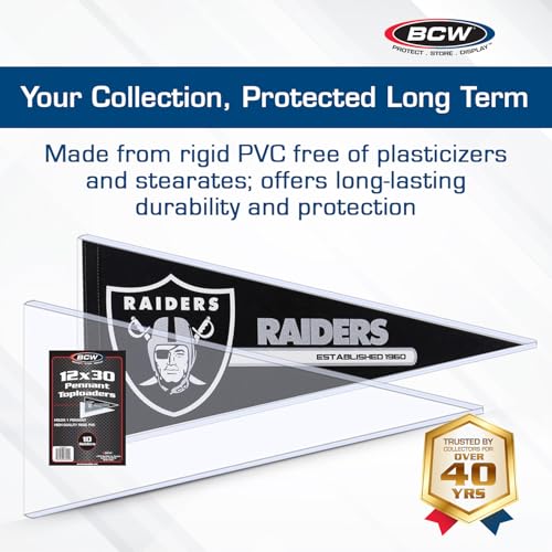 BCW 12x30 Inch Sports Pennant Display Holder Pack of 10 - Clear Rigid Plastic