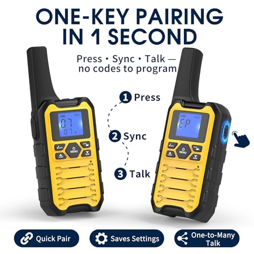 Long Range Walkie Talkies for Adults 4 Pack - Rechargeable Two-Way Radios with Flashlight & NOAA/SOS - Blue, Red, Yellow, Cyan