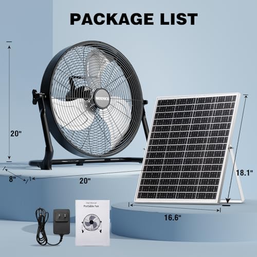 Black 18-Inch Solar Powered Fan with Metal Blades & Brushless Motor – Portable Rechargeable Floor Fan for Home, Outdoors, Camping