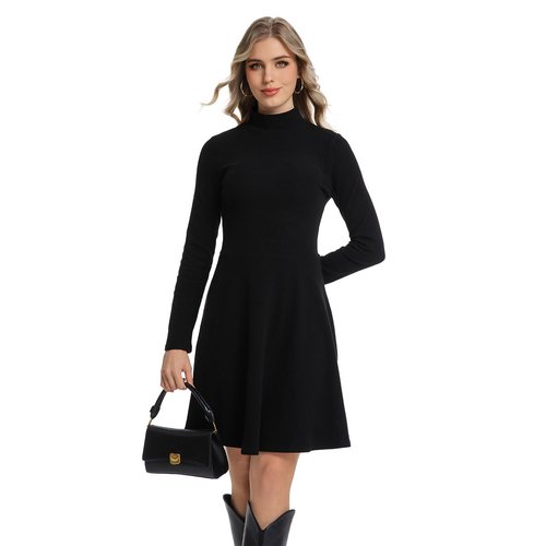 Chongbaijia Long Sleeve Dress for Women Turtleneck Ribbed Knit A-Line Flowy Casual Elegant Fall Winter Fashion Short Dresses Black