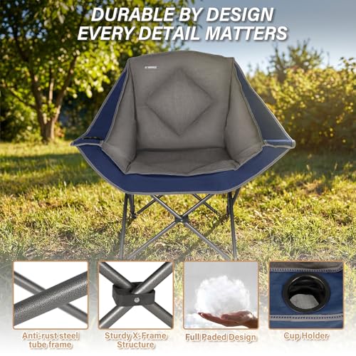 Oversized Portable Camping Chair with Cup Holder - Blue, Heavy Duty Padded Lawn Chair for Camping, Beach & Outdoor Use