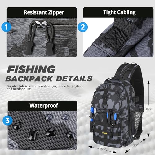Waterproof Fishing Backpack with Rod & Reel Combo - Black Camo