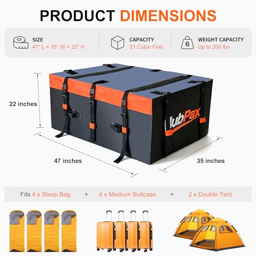 HubPax 21 Cu Ft Car Rooftop Cargo Carrier Bag Without Rack - Waterproof & Easy Install