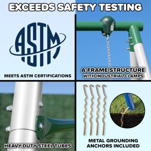 Kids & Adults Metal Swing Set with Skyflyer & 2 Sling Swings - Green/White, 9.5Ft