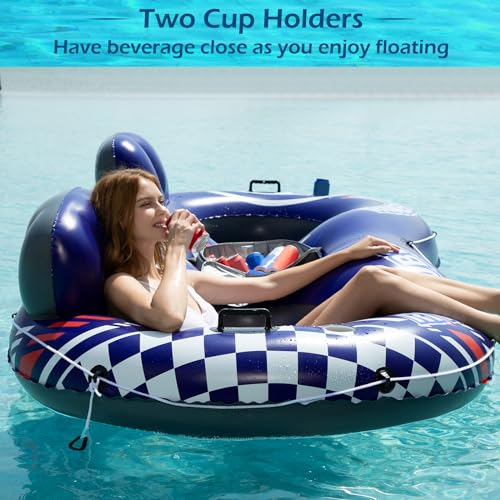 Blue Inflatable River Tube Float for 2 Adults with Removable Cooler & Cup Holders - Heavy Duty Pool Lounger
