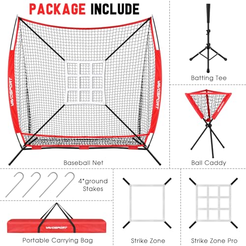 VAVOSPORT Red 7x7' Baseball & Softball Hitting Net Set with Strike Zone & Tee