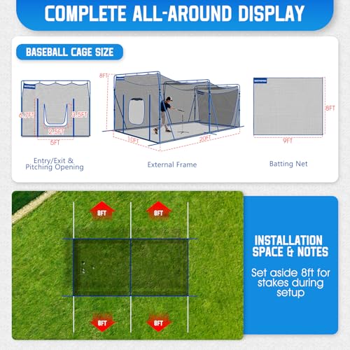 20x10x8 FT Batting Cage Net with Metal Frame for Baseball Softball Practice