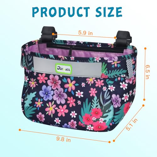 Kids Bike Basket Front Waterproof Handlebar Bag for Girls and Boys - Purple Flower Variation