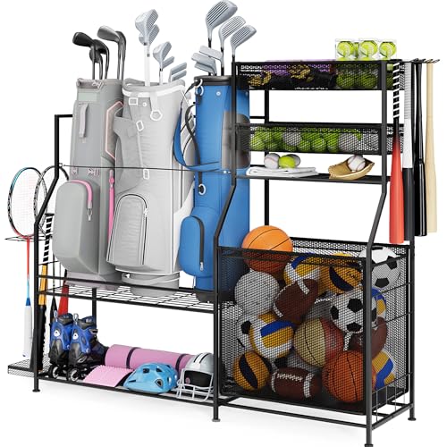 Heavy-Duty Garage Sports Equipment Organizer with Golf Bag Stand & Hooks