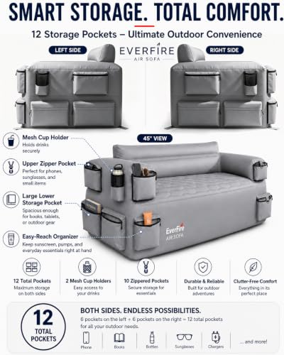 Everfire Nebula Gray Portable Inflatable Couch with Built-in Pump, 3-Seater Camping Sofa