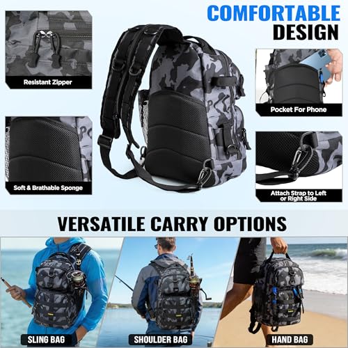 Fishing Backpack with Floating Landing Net & Tackle Bag - Black Camo