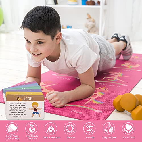 Kids Yoga Mat Set with Unicorn Pink Design, Non-Slip Exercise Mats & 12 Yoga Cards