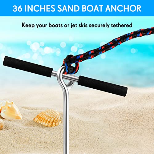 Pelopy 2 Pack 36 Inch Stainless Steel Sand Anchors with Removable Handle & Bungee Line for Beach & Watercraft Stability