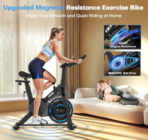 CHAOKE Adjustable Magnetic Resistance Exercise Bike Black Blue - Indoor Cycling Stationary Bike with App Compatibility, 300LB Capacity