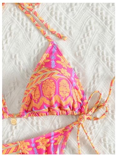 Women's 2 Piece Floral Bikini Set - Pink Yellow Multi, X-Small, Geometric Halter String Triangle Swimsuit