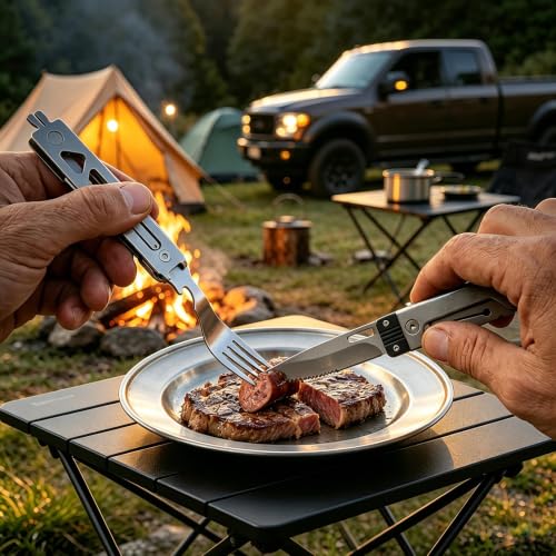 5-in-1 Camping Utensils Set with Pouch - Folding Fork Knife Spoon