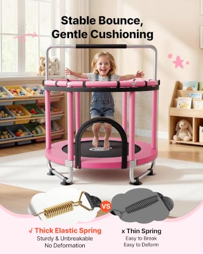 Pink Indoor Trampoline for Kids 3-12 with Safety Enclosure & Toys - 4.6 ft