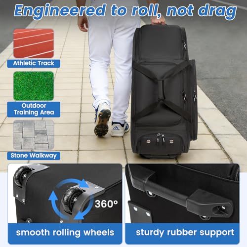 MERALIAN Black Rolling Baseball Bag with Wheels for 4 Bats and Gear