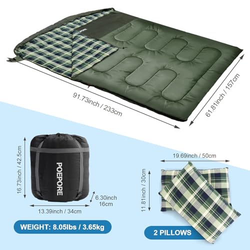 POEPORE Double Sleeping Bag for Adults with 2 Pillows, XXL Queen Size, Green