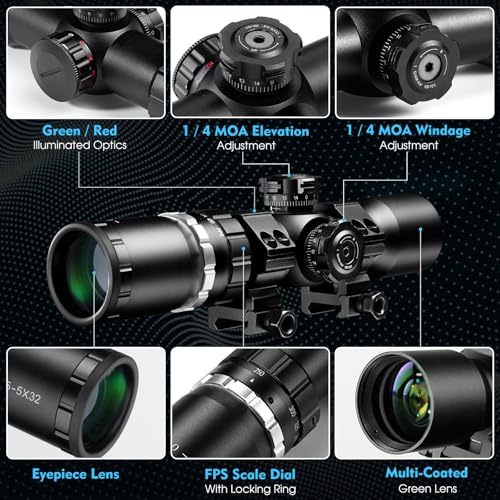 HILIYOT 1.5-5x32 Crossbow Scope with Locking Ring, Waterproof, Illuminated Reticle, 250-450 FPS