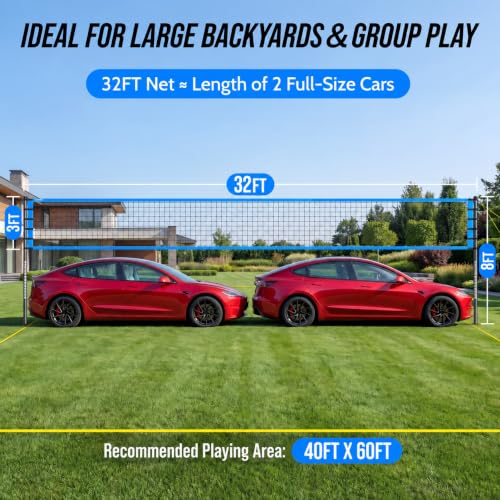 Outdoor Volleyball Net for Backyard - 32FT Anti-Sag with Steel Poles - Blue Variation