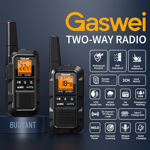 Gaswei G2Pro+ 2-Pack Heavy Duty Waterproof Walkie Talkies with NOAA Weather, FM Radio, VOX, Long Range, 2W, Rechargeable