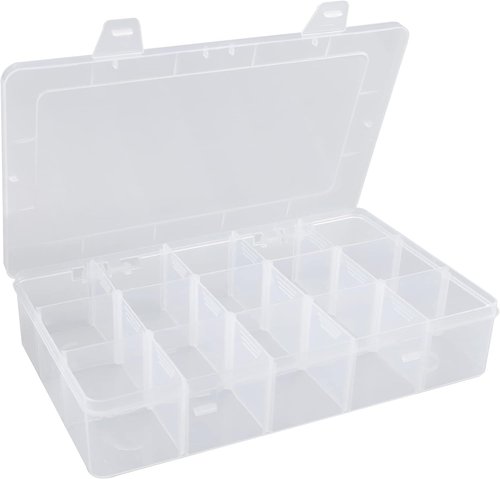 Hlotmeky Plastic Organizer Box - Clear Bead Organizer with 15 Large Grids for Snacks & Crafts