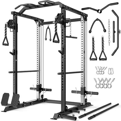 Goimu Black DP01 Power Cage with Cable Crossover & Dual Pulleys, 2000LBS Squat Rack for Home Gym