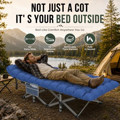 XXL Folding Camping Cot with Mattress - 32in Heavy Duty Portable Bed for Adults, Blue