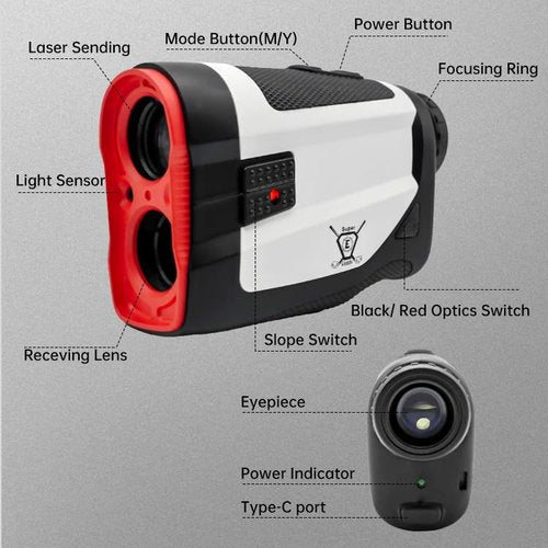 Super E Caddy Laser Golf/Hunting Range Finder, 875 Laser Range Finder with 6X Magnification, Fully Multi-Coated Ultra-Clear View, with Slope Correction, Pin-Seeker & Flag-Lock