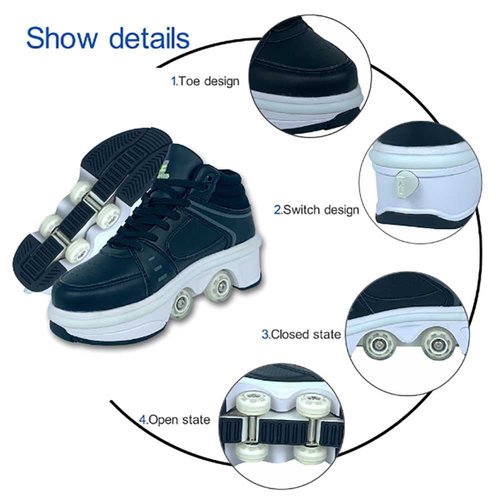 Roller Skates for Women Men Outdoor,2 in1 Parkour Shoes with Wheels for Girls/Boys,Double Row Deform Kick Roller Shoes Retractable Adults/Kids,Quad Roller Skates,Skating Shoes Recreation Sneakers