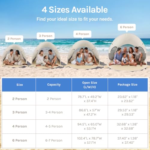 Wolfwise Sandbeige Pop Up Beach Tent for 3 Persons - Easy Setup Sun Shade Shelter