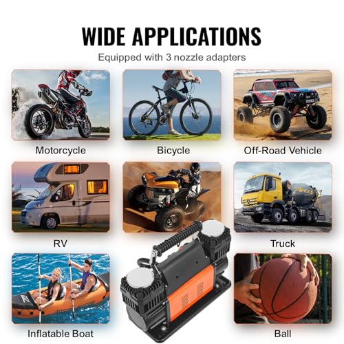 VEVOR 10.6 CFM Heavy Duty Portable Air Compressor 12V 150PSI Offroad Tire Inflator with Adapters, Orange & Black, 14.4x5.9x8.9 in