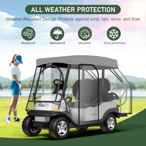 Gray L 58 Inch Short Roof Golf Cart Enclosure - 2+2 Drivable Rain Cover for EZGO, Club Car