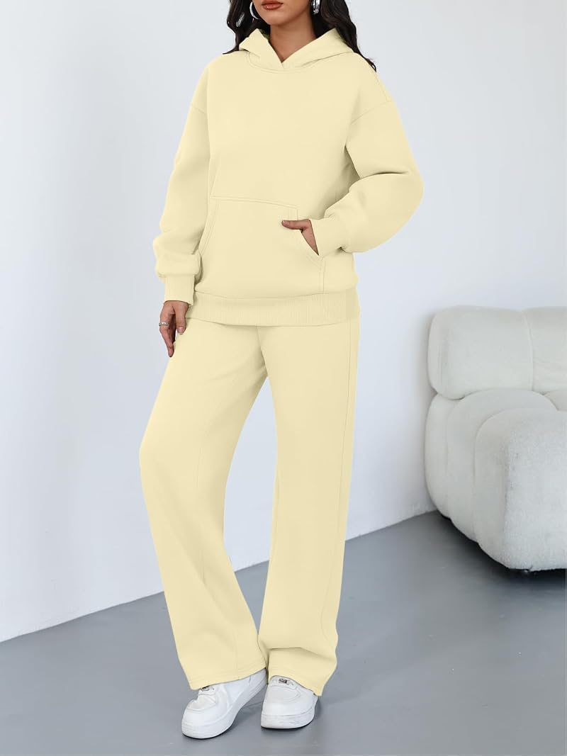 Oversized Hoodie & Wide Leg Pants 2-Piece Lounge Set - Lightyellow Medium