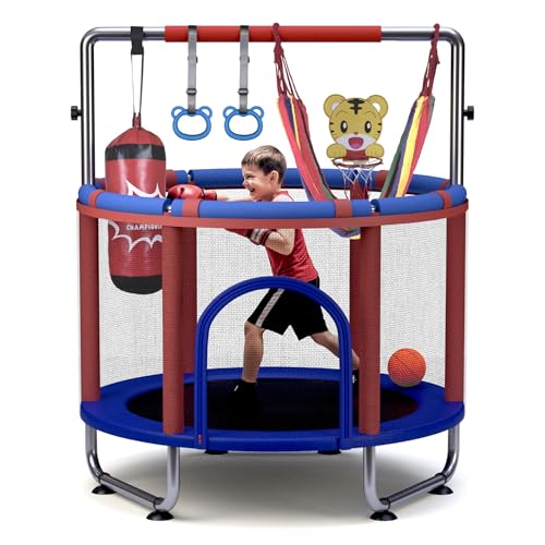HeySky 55-Inch Kids Trampoline with Basketball Hoop & Accessories, Blue+Red, Indoor/Outdoor Safe Play