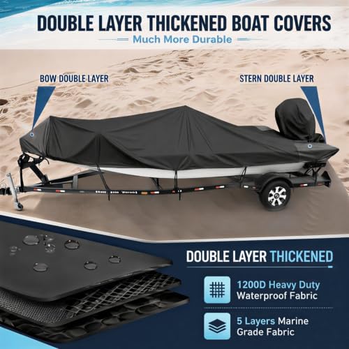 Fuprosico Waterproof Boat Cover 16-18.5ft V-Hull Trailerable Heavy Duty 1200D Black